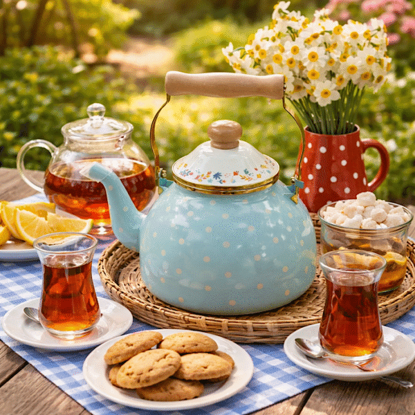 کتری لعابی دسته چوبی