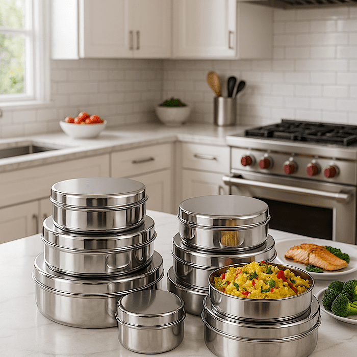 IMG_7802 ظرف غذا استیل 7 تایی ساده - Image 1